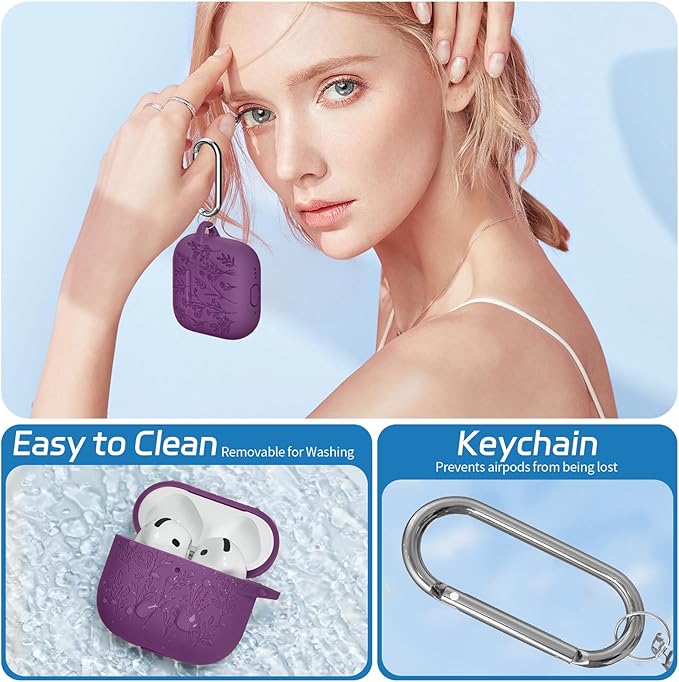 for Airpods 4 Case, Ekoonpft Flower Engraved Cases for Apple AirPods 4th Generation 2024, Soft Silicone Cover for Women Girly with 3-in-1 Cleaning Kit & Keychain, Anti-Scratch, Shockproof
