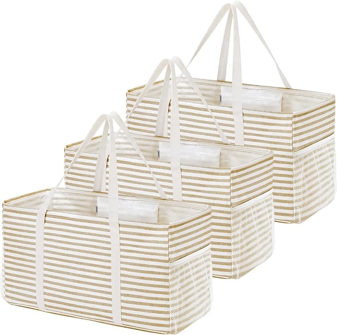 Lifewit 3 Pack Extra Large Tote Bag, Reusable Grocery Bags with Metal Wire Frame and Handles, Standing Utility Foldable Shopping Bags for Storage, Picnics, Beach, Pool, Laundry, Car, Camping, Beige