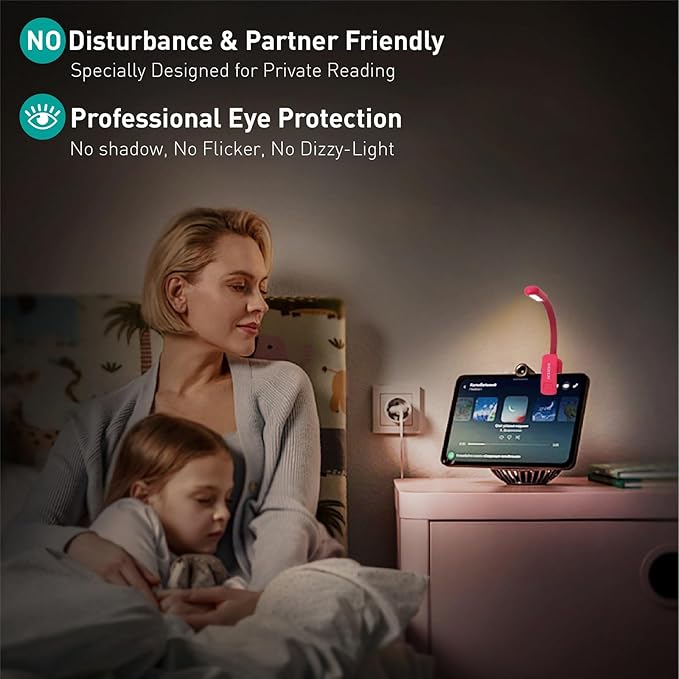 Rechargeable Book Reading Light at Night in Bed, Eye Caring 9 LED with 9 Color Temperatures, Stepless Dimming Brightness, Clip on Book Light, Prefect Elegant White Gift for Book Lover.(Pink)