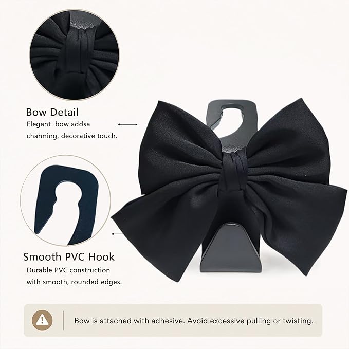 2 Pack Car Purse Hooks, Cute Bow Car Seat Headrest Hook Hanger for Purses and Bags, Space-Saving Car Accessory (Black silk)