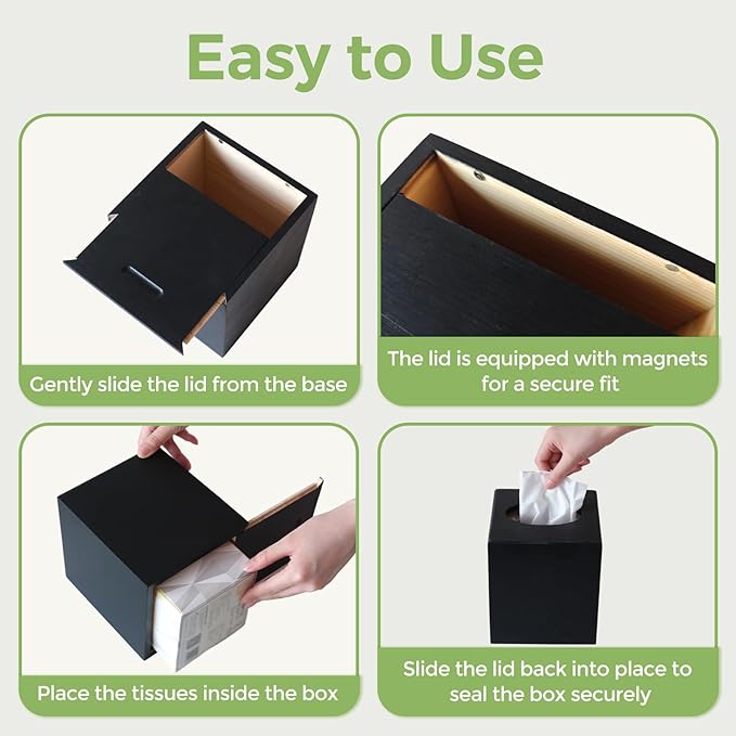 S310 Wood Tissue Box Cover, Square Tissue Box Holder with Slide-Out Bottom, Wooden Cube Tissue Covers Tissue Holders for Bathrooms Office Kitchen, Black