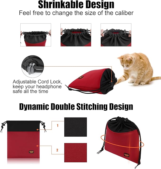 Portable Headset Carrying Pouch, Lightweight Headphone Storage Bag Headphone Case Bag Soft Travel Pouch for Over-Ear Headphones/Gaming Headsets/Neckband Earbuds (Large Red)