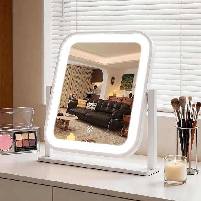 Rechargeable Vanity Mirror with Lights, 1500mAH, 10"×9" Makeup Mirror with Lights, Smart Touch with 3-Color Lighting, 360° Rotation, Portable LED Desk Mirror, Bedroom (White)