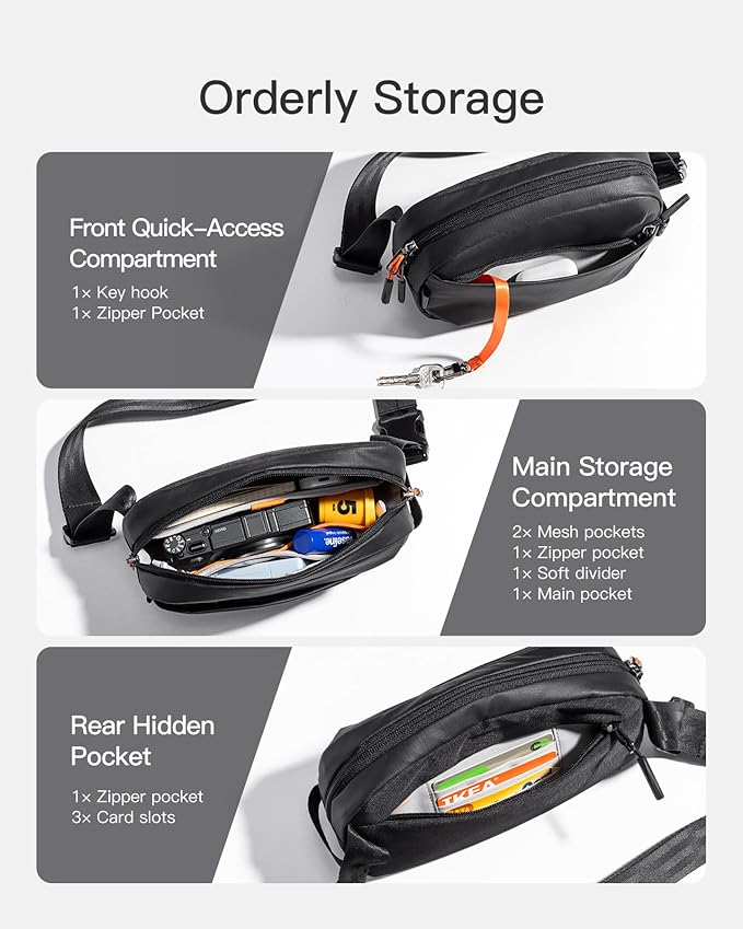 Inateck Sling Bag X-Mini, Durable Fanny Pack with RFID Blocking, Water-resistant Belt Waist Bag with Quick-adjust Strap, Stylish Waist Pack for Men, Women, Travel, Hiking, Cycling, Work, Sports, Black