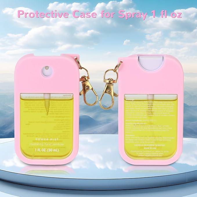 2 Pack Hand Sanitizer Spray Case Compatible with Touchland Power Mist 1 oz – Silicone Case with Keychain for Touch Land Mist 1 fl oz（30 ml）, Hand Sanitizer Accessory for 1 fl oz (Pink+Blue)