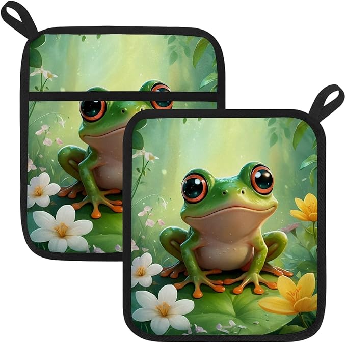 Green Cartoon Frog Pot Holders with Pockets 2 PCS, Heat Resistant Oven Mitts Hot Pads for Kitchen Baking Cooking, Square Thick Pot Holders Kitchen Hot Potholders, 8.5x10 Inches
