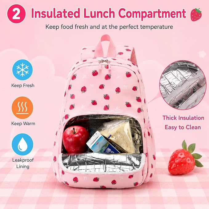 BTOOP Kids Backpack, Girls Backpack 4-6-Preschool Kindergarten School Bookbag with Insulated Lunch Compartment & Chest Strap, Pink-Strawberry Backpacks