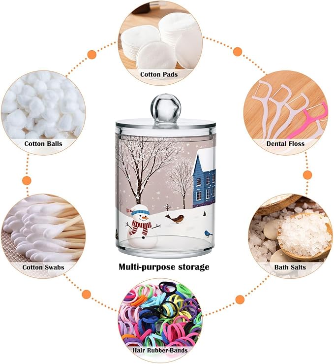 Christmas Winter Qtip Holder Dispenser 4 Pack Snowmen Snow Courtyard with Trees Apothecary Jars with Lids Bathroom Vanity Countertop Canister Storage Organizer for Cotton Ball,Swabs,Pads,Floss