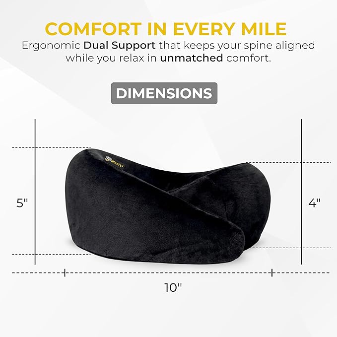 Travel Neck Pillow – Airplane Travel Essentials with Ergonomic Memory Foam Comfort – Premium Travel Pillows for Airplanes and Long Journeys, Compact Carry Pouch (Black)