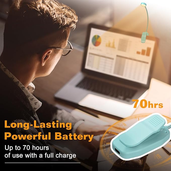 KTEBO Rechargeable Clip-On Book Light, 10-LED Bed Reading Lamp with 3 Color & 3 Brightness, USB-C, Up to 30-Hour Runtime, 360 Degree Gooseneck, Ultralight 1.4oz, Great Stocking Stuffers, Black & Blue