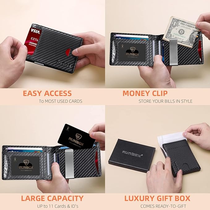 RUNBOX Slim Wallets for Men - Leather Money Clip Mens Wallet - RFID Blocking Front Pocket Bifold Wallet - Thin Credit Card Holder with Gift Box