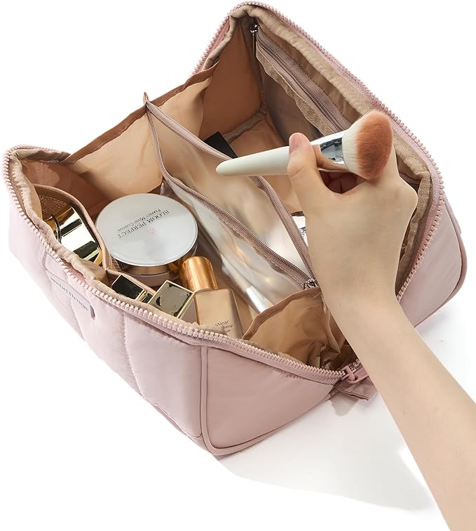 NISHEL Travel Makeup Bag for Women, Fluffy & Lightweight Open Flat Cosmetic Organizer with Multiple Functional Divider for Brush Independent Storage, Handle for Easy Portability, Pink