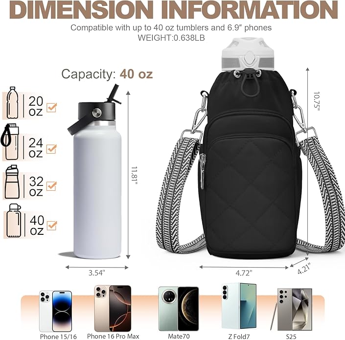 SYTRAH Water Bottle Bag Crossbody，Insulated Water Bottle Purse Crossbody Water Bottle Holder with Strap 40 oz