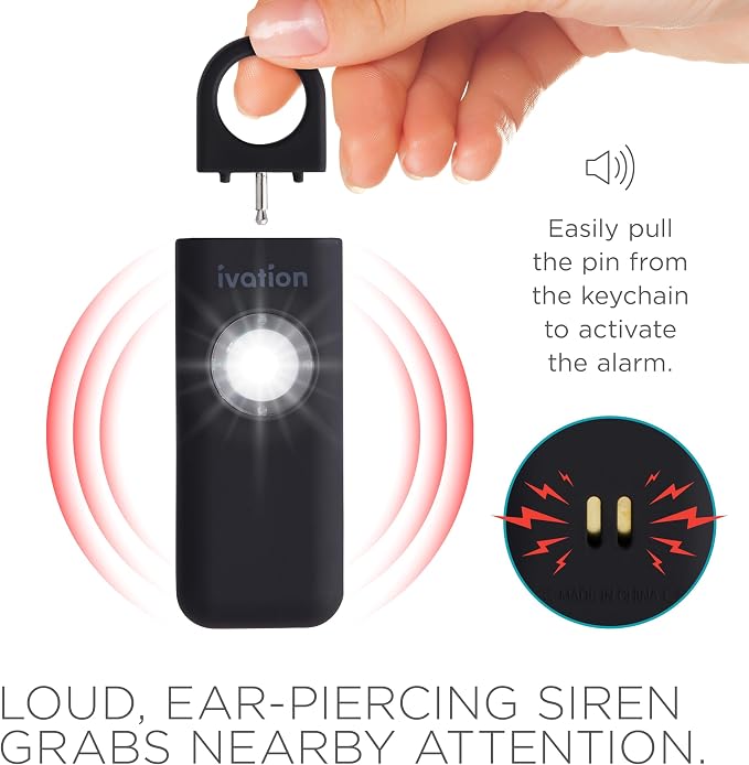 Ivation Personal Rechargeable SOS Alarm, Pocket Size Loud 130dB Sound Safety Siren & LED Panic Strobe Light with Carabiner Keychain Clip for Women, Children & Seniors, Black