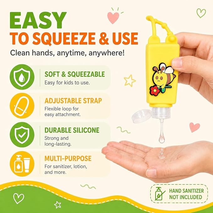 5-Pack Cartoon Kids Hand Sanitizer Holder, 30ml Travel Size Refillable Bottles with Silicone Case, Leak-Proof Portable Containers for Lotion & Liquid Soap (Buzzy Bee)