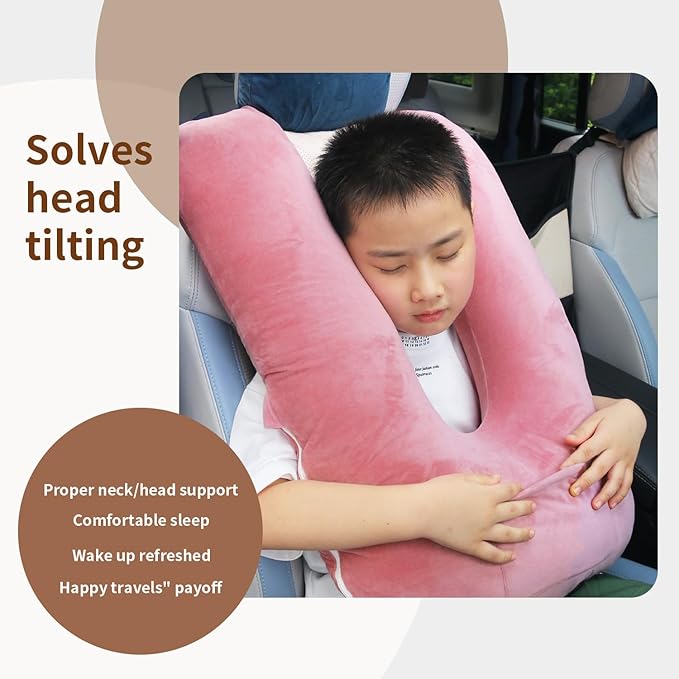 Travel Pillow for Kids & Adults, Car Pillow for Back Seat, Sleeping Support Cushion for Long Road Trips, Toddler Carseat Pillow with Removable & Washable Cover, Pink