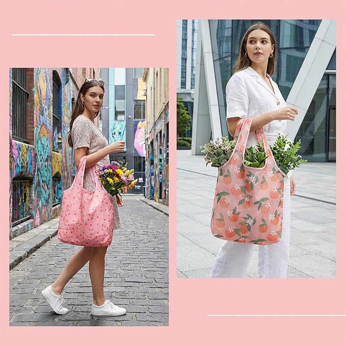4 PCS Large Foldable Reusable Shopping-Bags, Grocery Bags, Cute Foldable Bag, Reusable Shopping Bags, Washable Polyester Bag for Daily Shopping (2 Styles