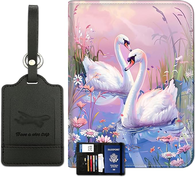 Passport Wallet, Passport Holder with RFID Blocking and Luggage Tag, Waterproof PU Leather Travel Documents Organizer Case, Passport Covers with Card Slot for Women Men,Swan Oil Painting Passport Book