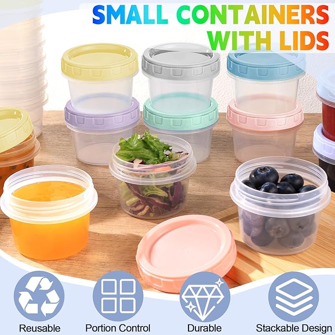 Yomarket 12pcs 4 oz Plastic Containers with Screw Lids, Reusable 1/2 Cup Small Food Storage Containers, Leakproof, Microwave Dishwasher Freezer Safe, with Pen and Brush