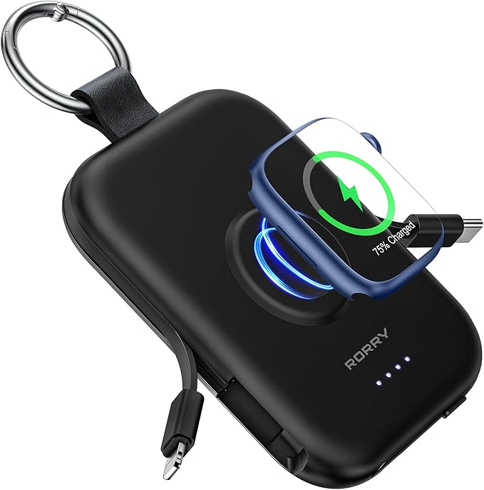 RORRY CharmGo Portable Charger, 5000mAh Portable Charger Power Bank with Built-in Cables, Travel Keychain Battery Pack for Apple Watch and iPhone Air/17/16/15/14/13/12, Black