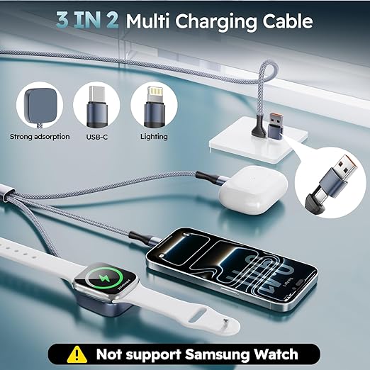 Cruise Essentials 2026, 3 in 2 Multi Charging Cable for iPhone Watch Charger/iPhone 17/IP, iWatch Charger, Travel Camping Essentials Compatible with iWatch 11-2/Ultra/iPhone 17-8,Car (6FT, White)