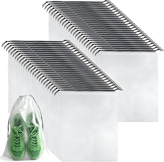 50 Pcs Shoe Bags for Travel，PLULON 15.7" x 11.8" Clear Drawstring Storage Plastic Bags Shoes Organizer for Packing Waterproof Dustproof Women Men Portable Travel Essentials