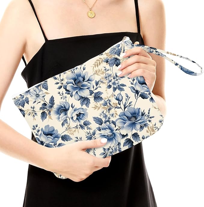 Fokongna Floral Print Wet Bag, Small Portable Waterproof Multi-Functional Organizer for Women, Ideal for Daily, Beach & Travel, Vintage Denim Blue Floral
