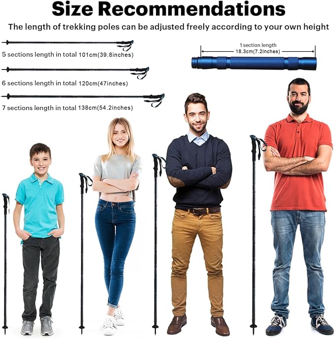 Versatile Trekking Pole with Accessories - Ideal for Hiking with Excellent Foam Grip Lightweight, Durable Tungsten Carbon Tip. Adjustable Length, Collapsible, Internal Storage, Canvas Carry Bag