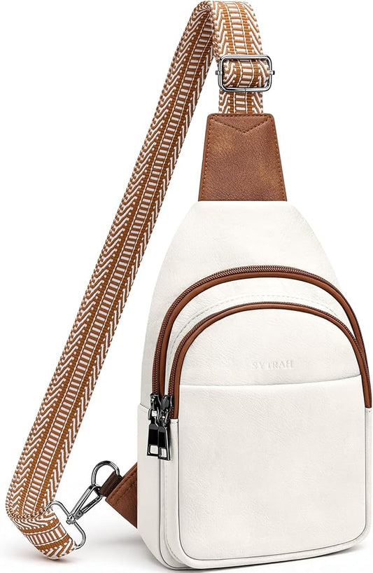 SYTRAH Sling Bag for Women, Crossbody Bags Purse for Women Trendy Vegan Leather Chest Bag with Adjustable Strap(No Anti Theft Ring),Beige Brown