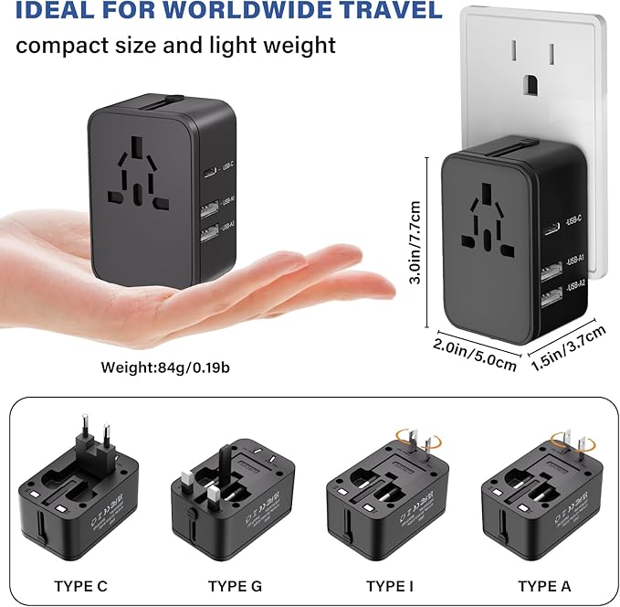 Travel Plug Adapter with 2 USB A+1 USB C,Universal All in One Worldwide Travel Adapter,Power Converters Wall Charger,AC Power Plug Adapter,International Power Adapter for USA EU UK AUS Black