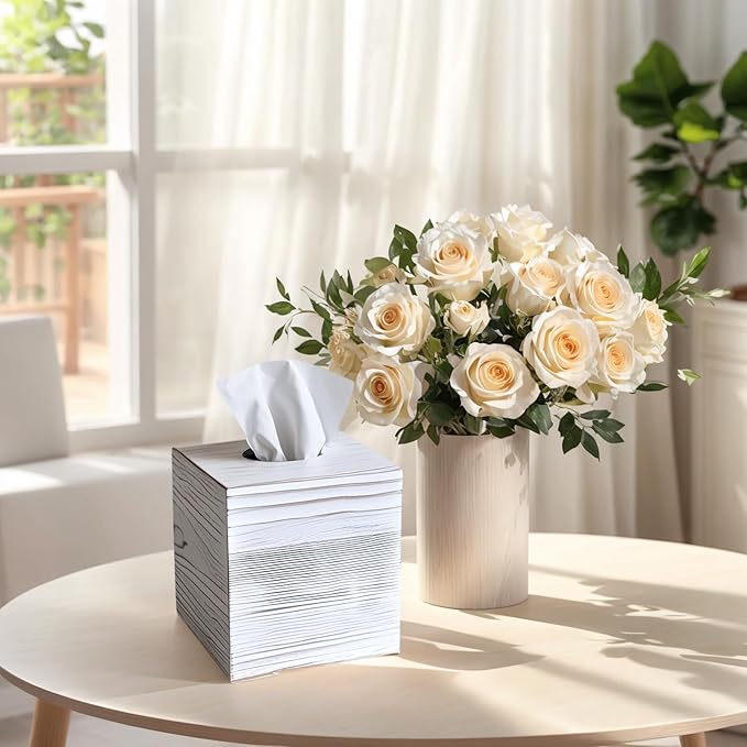 S310 Wood Tissue Box Cover, Rustic Square Tissue Box Holder with Slide-Out Bottom, Wooden Cube Tissue Covers Tissue Holders for Bathrooms Office Kitchen, White