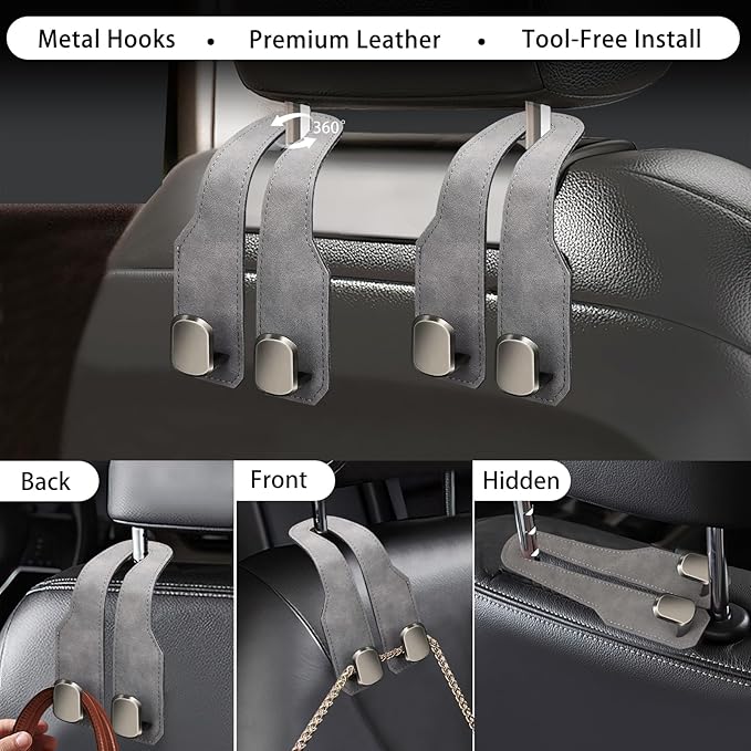 4Pcs Car Headrest Hooks with Premium Leather, Upgraded Double Metal Hooks with Anti-Drop Design, Universal Back Seat Hanger for Bags, Coats, Purses and Groceries (Stylish Gray)