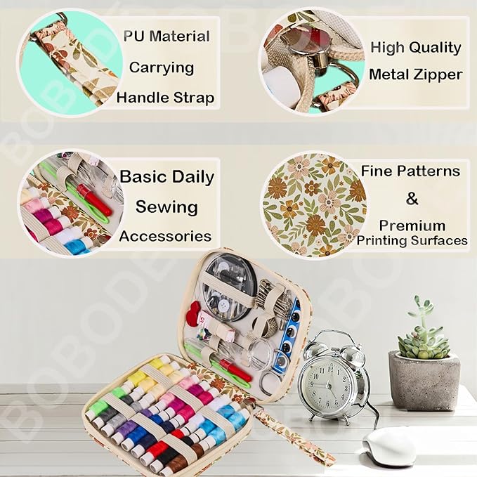 Printing Floral Sewing Kit with 18 Colors Sewing Thread Basic Hand Sewing Supplies,Portable Travel Sewing Kit for Adults & Beginners Repairs