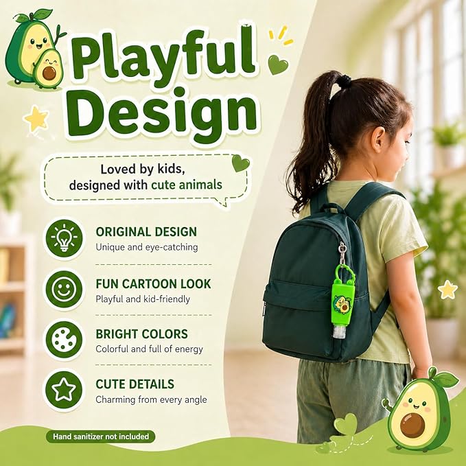 5-Pack Cartoon Kids Hand Sanitizer Holder, 30ml Travel Size Refillable Bottles with Silicone Case, Leak-Proof Portable Containers for Lotion & Liquid Soap (Avocado Fun)