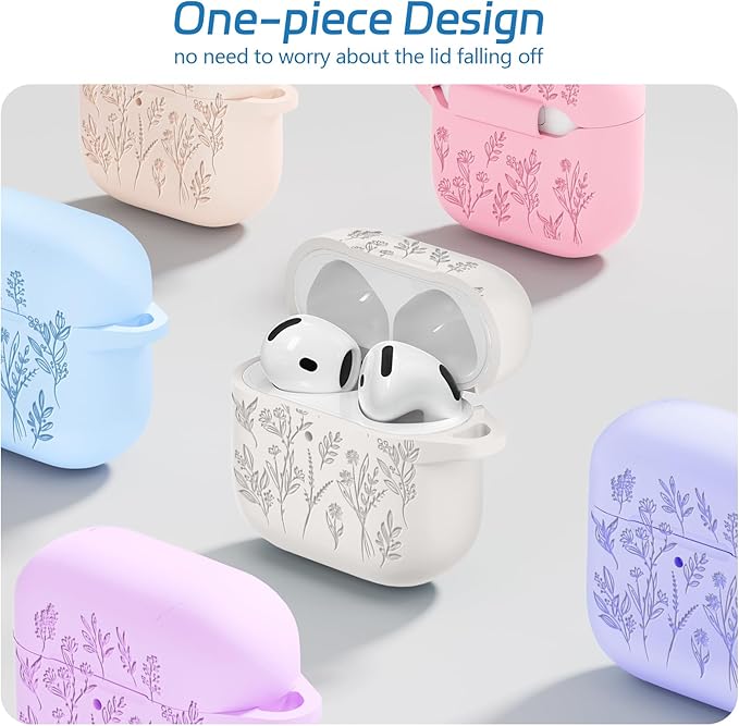 for Airpods 4 Case, Ekoonpft Flower Engraved Cases for Apple AirPods 4th Generation 2024, Soft Silicone Cover for Women Girly with 3-in-1 Cleaner Kit, Keychain, Military Grade Protection