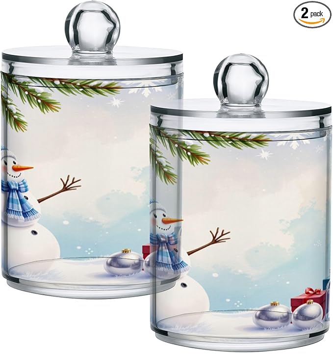 Gredecor Christmas Winter Qtip Holder Dispenser 2 Pack Snowman Snowflake Pine Cones Gifts Bathroom Decorative Storage Canister Holder Counter Vanity Organizer for Cotton Ball Swabs Pads Floss