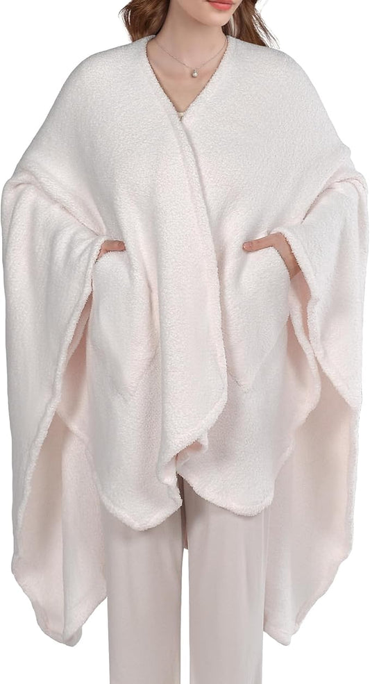 JOOJA Wearable Blanket Super Soft Feather Yarn Blanket Shawl with Pockets Fuzzy Throw Blanket TV Blanket for Adults Teens
