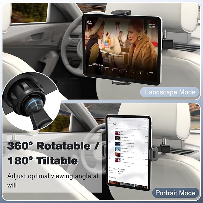 Fintie Car Headrest Tablet Holder - [360 Degree Rotating] Adjustable Mount for iPad, Road Trip Essentials for Kids Adults Fits for iPad Pro, Air, Mini, iPhone, Galaxy Tab, 6-13" Devices, Black