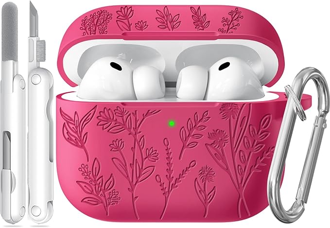 for Airpods Pro 3 Case, Flower Engraved Cases for Apple AirPods Pro 3rd Generation 2025, Soft Silicone Cover for Men Women Girly with Cleaning Kit & Keychain, Anti-Scratch, Shockproof