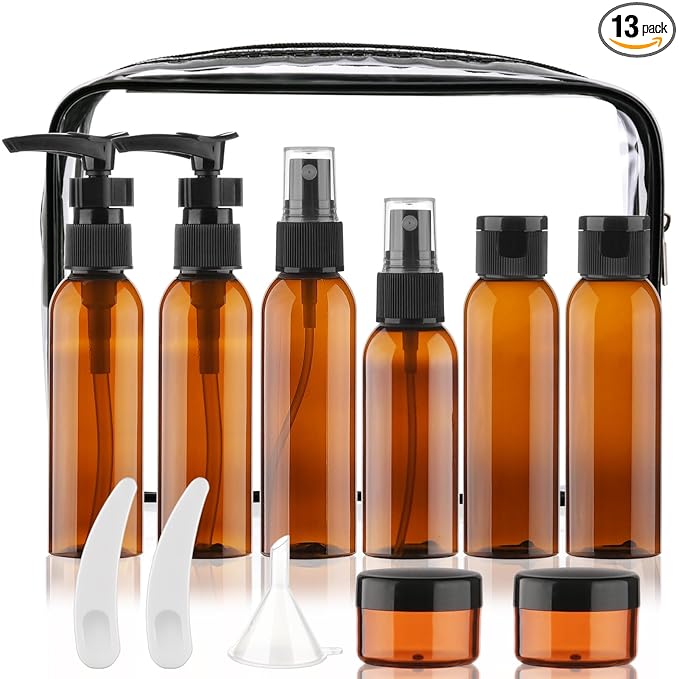 Cosywell Travel Size Bottles for Toiletries 13 2oz Pack TSA Approved Toiletry Bottles Leak Proof Travel Kit for Women Men TSA Clear Toiletry Bag Shampoo Lotion Skincare Cosmetic Container（Brown）