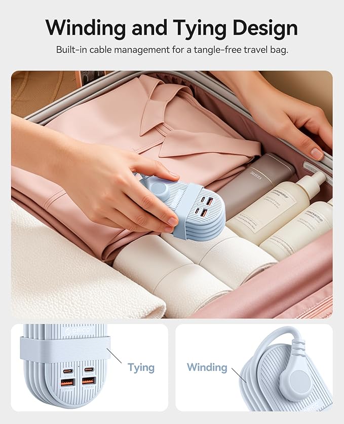 ORICO 45W Power Strip for iPhone 17 and Galaxy S25, 7 in 1 Charging Station with 3AC, 2 USB-A, 2 USB-C, 4ft Thin Extension Cord, Flat Plug Fashion Essential for Cruise Ship/Travel/Home/Dorm - TK45