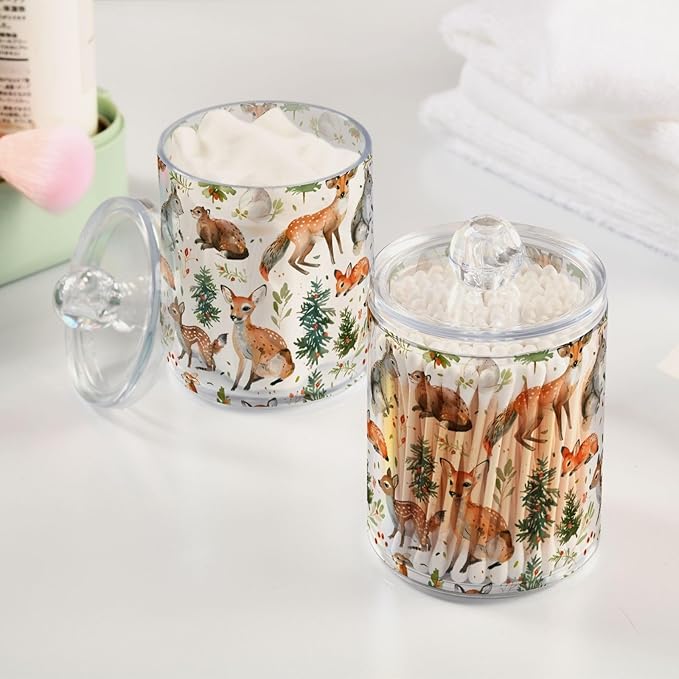 2 Pack Qtip Holder Organizer Dispenser Woodland Animals Trees Bathroom Storage Canister Cotton Ball Holder Container for Cotton Pads/Swabs/Floss