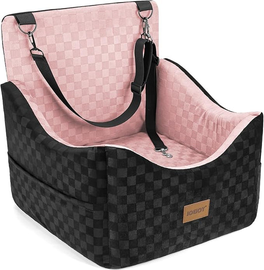 JOEJOY Elevated Dog Car Seat for Small/Medium Dogs up to 35 lbs, Memory Foam Booster Seat with Detachable Washable Cover, Travel-Safe Car Bed with Safety Belts & Storage Pockets, Pink
