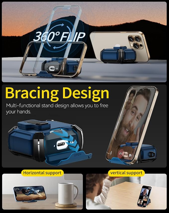 Pohgelan Compatible with AirPods 4 Case,Magnetic Automatic Lock with Phone Stand & Cleaning Kit,Compatible with Magsafe Cover -Blue