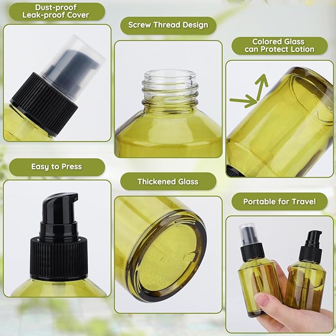 Segbeauty 6pcs 2oz Glass Pump Bottle Dispenser of 3pcs Travel Lotion Container, 3pcs Travel Spray Bottle, 60ml Refillable Perfume Atomizer Empty Lotion Bottles, Small Glass Bottles for Toiletries