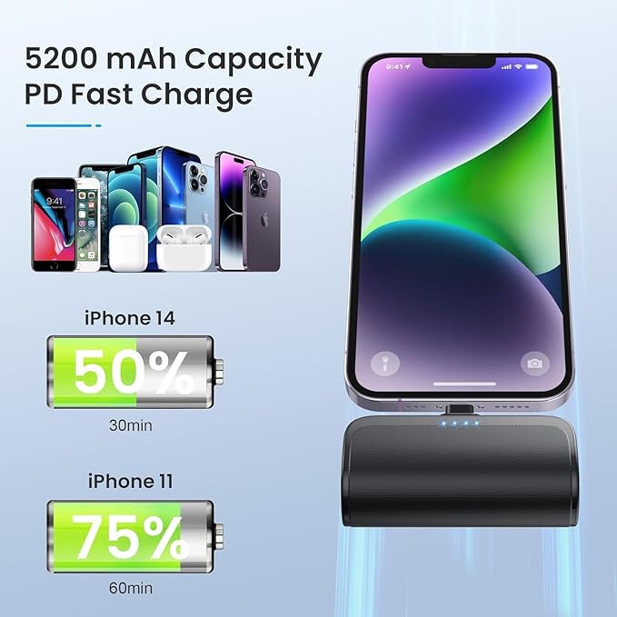 [2 Pack]Mini Portable Charger for iPhone,5200mAh Ultra-Compact Fast Charging Power Bank Cordless Cute Small Battery Pack Compatible with iPhone 14/14 Pro Max/13/13 Pro/12/11/XR/8/7/6(Inky+Deep Blue)