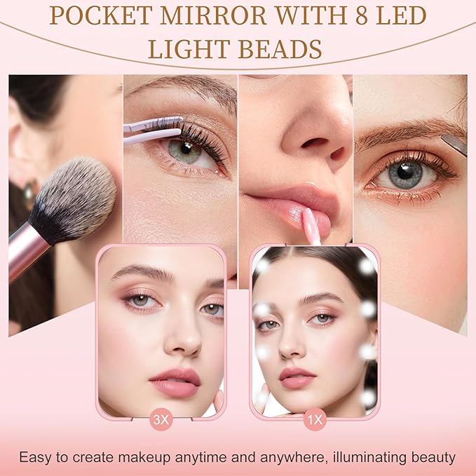 Kakuje Compact Mirror, 1X/3X Magnification LED Pocket Mirror with Nternal BIattery, Mini Mirror for Purse, Pocket,Travel and Present (Pink)