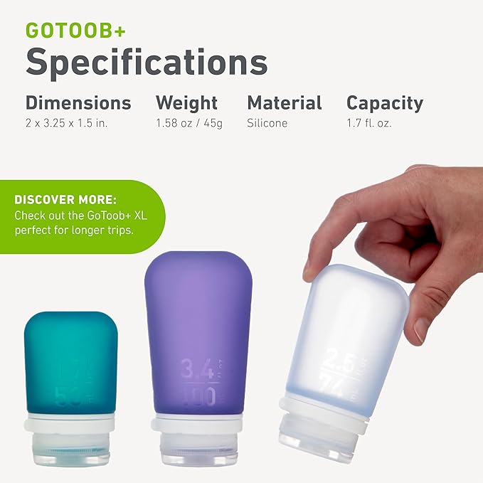humangear GoToob+ Bottles - Silicone Leak-Proof Travel Tubes for Toiletries, Camping & TSA Carry-On (3-Pack), Small (1.7 fl oz; 53ml), Clear/Purple/Teal