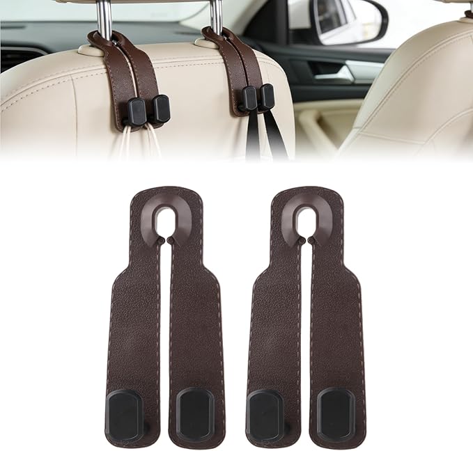 Car Seat Headrest Hooks for Purses and Bags, 4-Pack Heavy Duty Car Seat Hooks with Anti-Slip Pad, Universal Car Backseat Organizer Hanger Accessories for Grocery Bags (Brown)