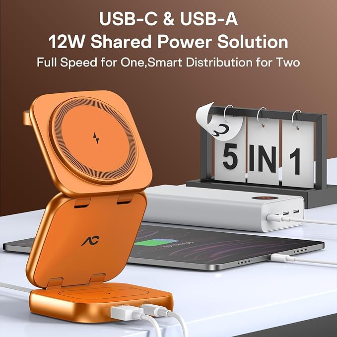5-in-1 Wireless Charger for MagSafe, AC ISLAND Portable Travel Charging Station, 35W Max QI2 Fast Foldable Magnetic Stand, Evolved for iPhone 17-12 Series, Apple Watch, AirPods (with 35W Adapter)